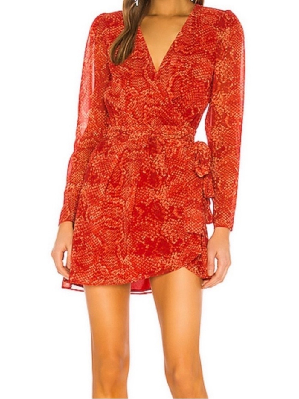NBD Red Fauna Wrap Dress - Long-Sleeve - Mini Dress - Snake skin print